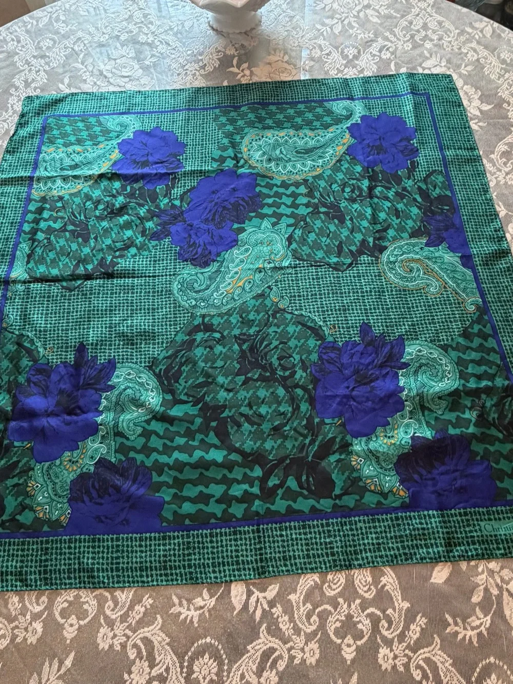 Vintage Dior Green and Blue Floral Paisley Silk Scarf